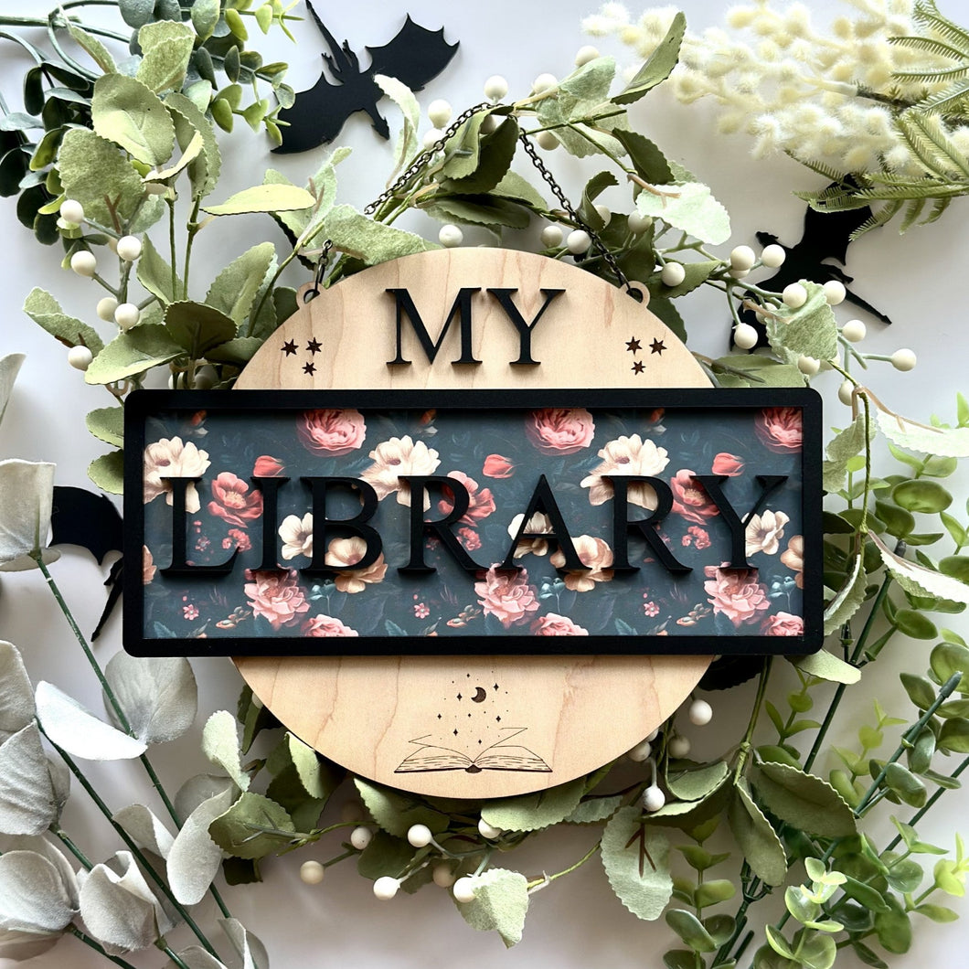 My Library Dark Floral Sign